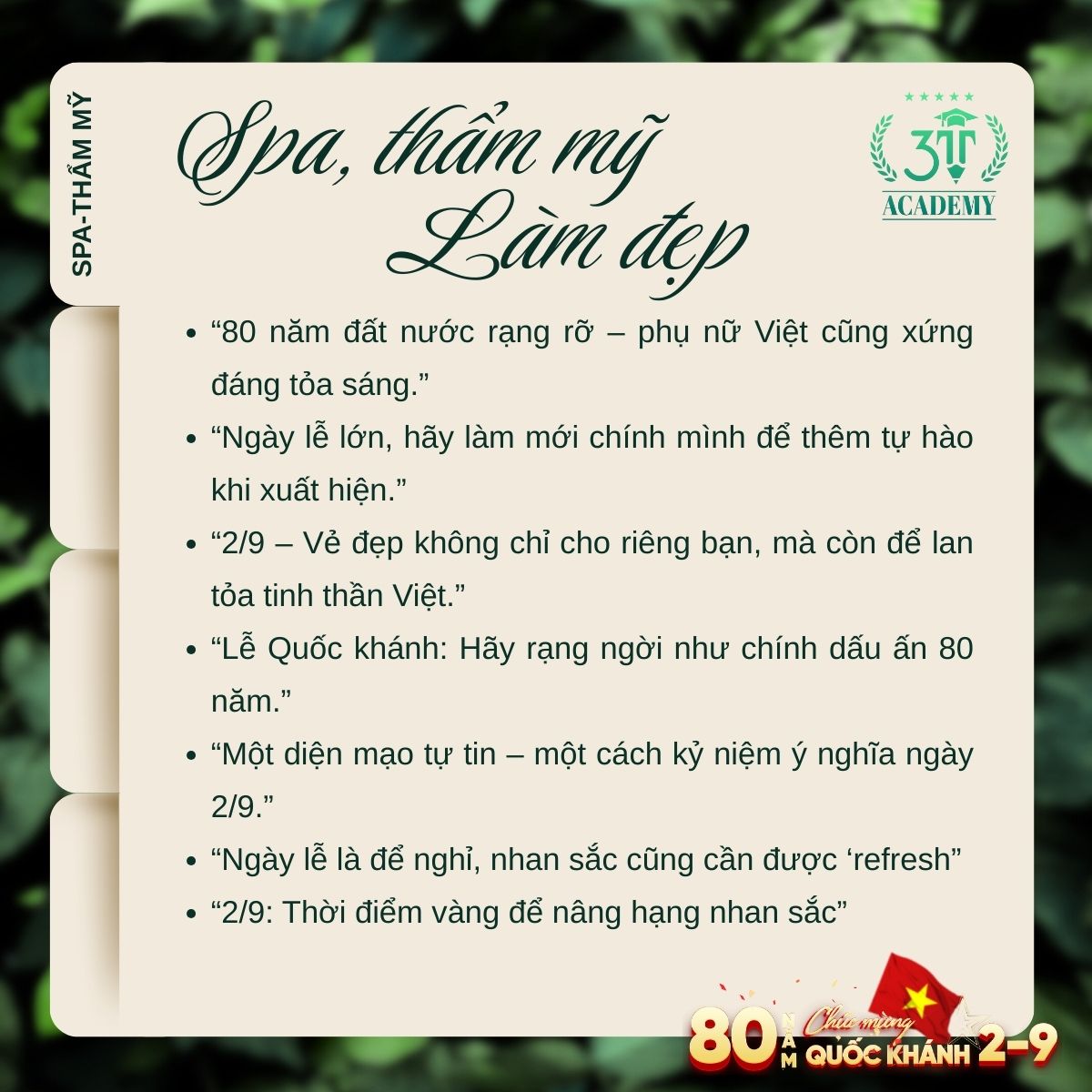3T Academy gợi ý content cho Spa, thẩm mỹ, làm đẹp ngày Quốc khánh 2/9